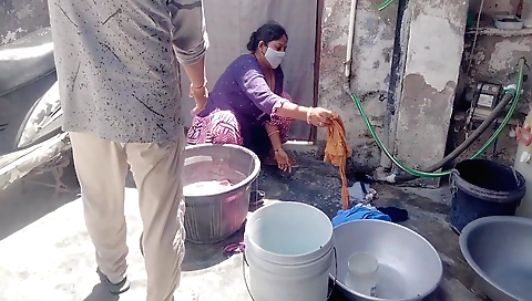 A brunette mature woman gets fucked in the bathroom