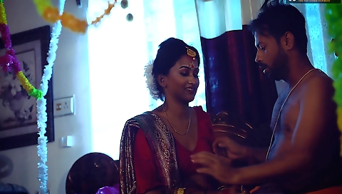 Sexy brunette 18+ in red dress makes the guy hard and hard to hold