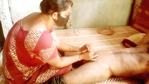 Indian slut handjob by her man on the bed in the bedroom