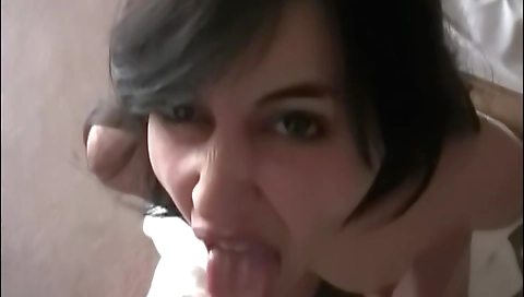 Brunette with nice tits gets to lick cock and get facial