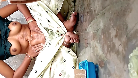 Indian girl in a black blouse fingering hairy pussy