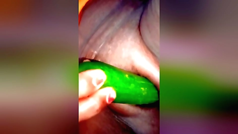 Wife sucks and fucks a cucumber while getting her pussy bonked