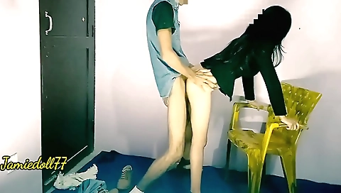 Hot sex with a busty delivery girl in red dress and black shorts