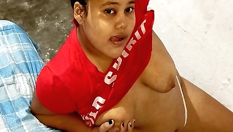 Small booty brunette is cleaning her room with her clothes on